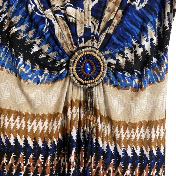 R&M Richards Southwestern Maxi Dress Blue Tan Size 6 A-Line Stretch Travel Soft - Picture 2 of 12